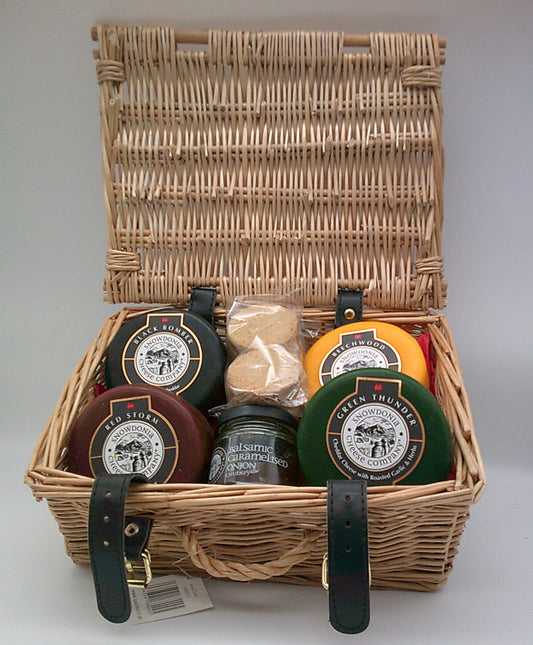 Four Cheese hamper with Chutney and Oatcakes - wicker basket